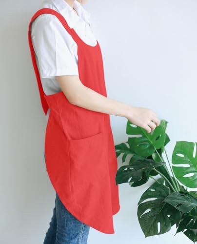 NEWGEM Japanese Cotton Linen Cross Back Cooking Apron for Women Men with Pockets Cute for Baking Kitchen - color: 12 - Women's Bright Red