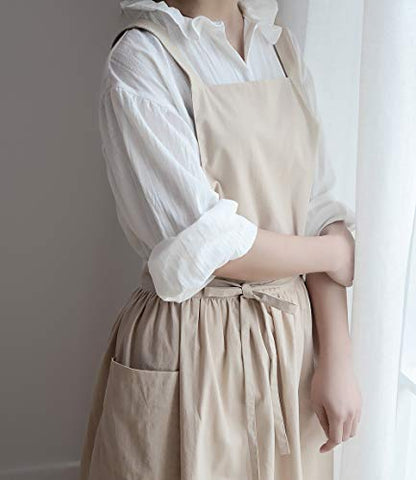 VLZUFE Women Cotton Linen Cross Back Apron with Pockets for Gardening Works Pinafore Dress - color: Wheat