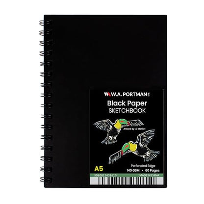 WA Portman Black Paper Sketchbook A5, 140 GSM 60 Pages Black Drawing Pad - size: A5 Single