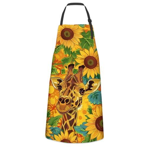 Giraffe and Sunflower Apron for Women Men, Cooking BBQ Chef Polyester Lightweight Floral Giraffe Aprons with Pockets for Baking Kitchen Gardening Cleaning, Adjustable Neck Strap, 28×33inch - color: Giraffe33