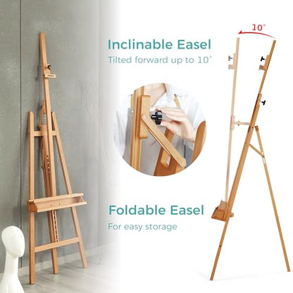 VISWIN Inclinable A-Frame Easel for Painting & Display, Adjustable 65"-89" H, Holds Canvas up to 49", Beech Wood Easel Stand with Storage Tray, Large Art Easel for Adults, Artists, Beginners - Natural - color: Natural