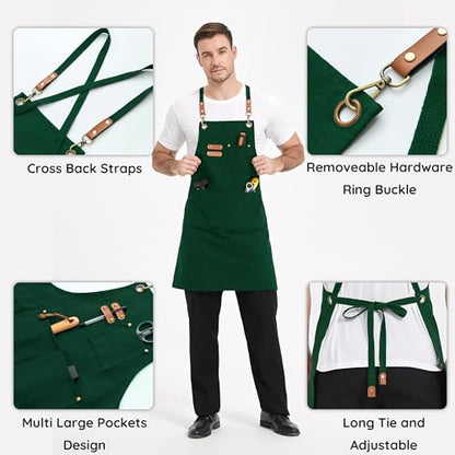 Chef Canvas Aprons with 3 Large Pockets Adjustable Strap for Men Women - color: Green