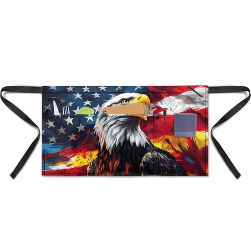 Waist Apron with 3 Pockets Waterproof 13 Inch Short Half Waist Aprons Women Men Server Aprons Waitress Waiter Apron - color: American Flag Eagle