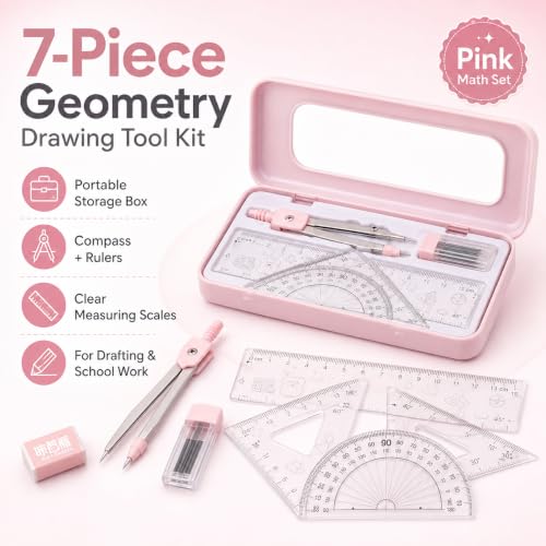 7Pcs Pink Geometry Math Drawing Set with Compass, Protractor, Rulers, Drafting Tools in Portable Box for Students