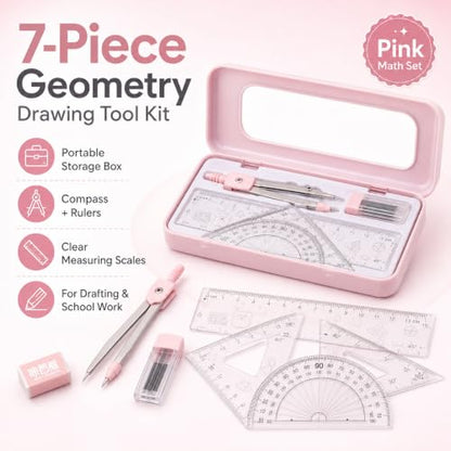 7Pcs Pink Geometry Math Drawing Set with Compass, Protractor, Rulers, Drafting Tools in Portable Box for Students