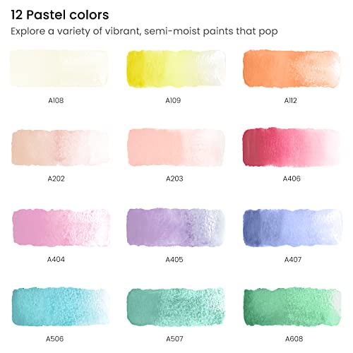 ARTEZA Watercolor Paint Set, 12 Pastel Colors, Half Pans in Travel Tin - color: Multicolor