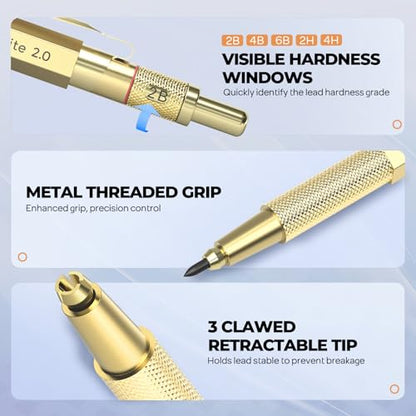 Nicpro 37PCS Gold Art Mechanical Pencil Set, 0.3/0.5/0.7/0.9/2mm Point | 360 Lead Refills(6B 4B 2B HB 2H 4H) 4 Erasers+18 Eraser Refills, Full Metal, School Supplies for Sketching Drawing Drafting - color: Gold, style: 0.3 0.5 0.7 0.9 2.0