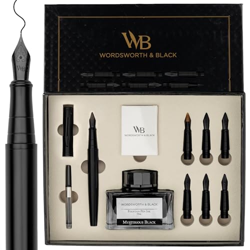 Wordsworth & Black Luxury Calligraphy Pen Set for Writing, 6 Nibs,All Black | Fountain Ink Bottle, Cartridges & Refill Converter, Refillable, Black, High End Gift for Men & Women, Journaling & Lettering - color: All Black