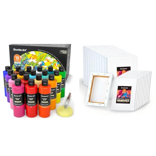 Shuttle Art Stretched Canvas and Acrylic Paint Bundle, Art Painting Supplies Set for 18 Colors Acrylic Paint Bottles (240ml/8.12oz) & 20 Pack Painting Canvas (5x7”, 8x10”)