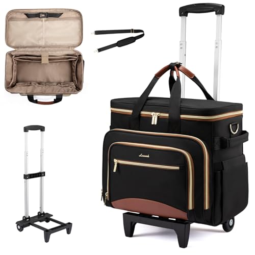 LOVEVOOK Rolling Teacher Bag, Laptop Tote with Detachable Dolly | Fits 17.3 Inch Laptop, Detachable Dolly, Large Rolling Tote Bag for Teacher Office Work Nurse, Adjustable Handle - color: Black-brown
