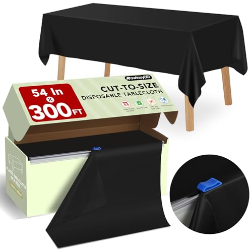 RowinsyDD 54 in X 100 FT Black Plastic Table Cover Roll with Slide Cutter | Disposable Plastic Table Cloths,Disposable Table Cloths Disposable for Dinning, Parties, BBQ, Wedding, Birthdays, Outdoor - color: Black, size: 3600" x 54" (Rectangular)