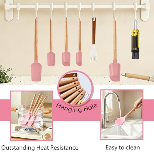 7 Piece Silicone Spatula Set, Food Grade Rubber Spatula Set with Wooden Handle, Heat Resistant Up to 600°F, Silicone Utensils Set for Baking, Cooking & Mixing, Jar, Non-Stick Kitchen Utensils(Pink) - color: Pink