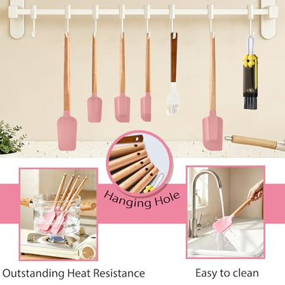 7 Piece Silicone Spatula Set, Food Grade Rubber Spatula Set with Wooden Handle, Heat Resistant Up to 600°F, Silicone Utensils Set for Baking, Cooking & Mixing, Jar, Non-Stick Kitchen Utensils(Pink) - color: Pink