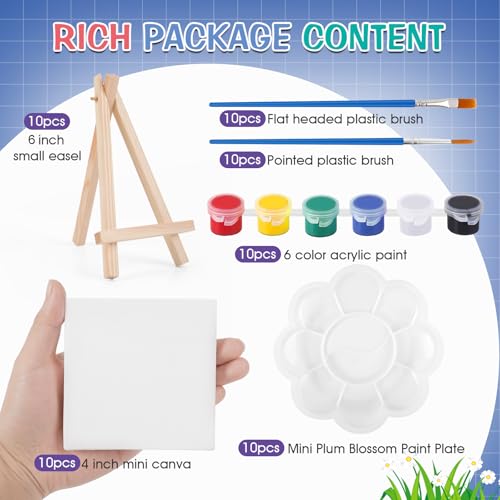 ESRICH 10 Set Canvas Painting Kit, Mini Acrylic Paint Set | 4in Stretched Canvas with 6in Easel, Acrylic Paint Strips, Palettes, Paint Brushes for Kids Artists Beginner, Gift - size: 10 set 4 x 4 inches