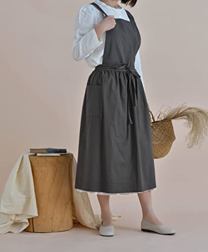 VLZUFE Women Cotton Linen Cross Back Apron with Pockets for Gardening Works Pinafore Dress - color: Dark Grey