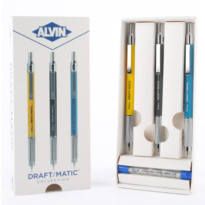 Alvin, Draft-Matic Mechanical Pencil, 3 Pack, Stainless Steel Drawing and Design Tools, Great for Drafting, Architecture, Engineering, and Art - Includes 0.3mm, 0.5mm, and 0.7mm