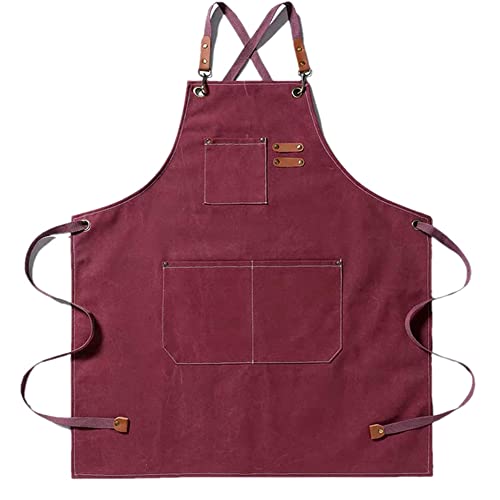 Kids Apron for Girls and Boys Heavy Duty Apron with Pockets and Adjustable Cross back Strap - color: Darkred