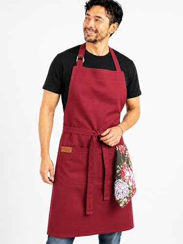 100% Cotton Kitchen Apron with 2 Pockets – Adjustable Chef Apron for Cooking Baking BBQ – Unisex Apron - color: Red