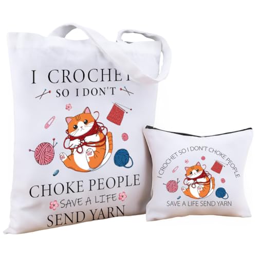 2Pcs Crochet Canvas Tote Makeup Bag Set Aesthetic Gifts 2 Sizes | Cat Tote Bag Set Cute Cat Yarn Design with Word, Polycotton Reusable Portable Zipper Cosmetic Case for Crocheters Work Travel