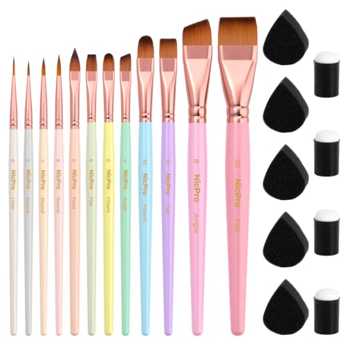 Nicpro 12pcs Face Paint Brushes Set with 9 Sponges, Face Painting Brushes | Aesthetic Pastel Paintbrushes for Body Makeup, Acrylic Watercolor Oil Halloween Cosplay Party, Portable Storage Case Included - color: Pastel