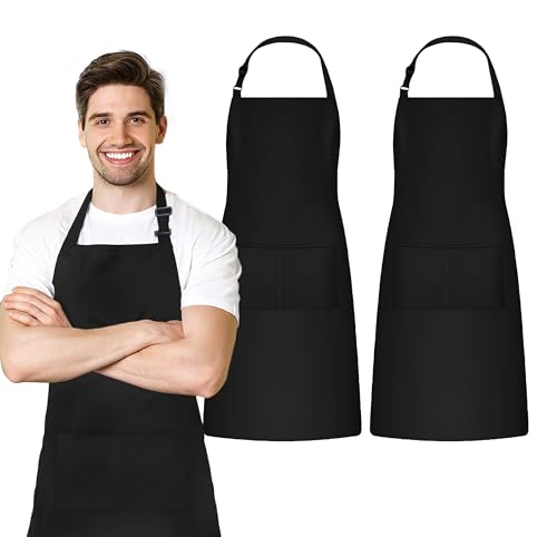 Adjustable Bib Apron 100% Polyester Kitchen Aprons Waterdrop Resistant Aprons with Adjustable Strap, Pockets & Long Ties - color: Black, style: Pack of 2