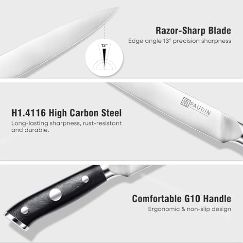 PAUDIN Carving Knife Set, 8 inch German High Carbon Stainless Steel Meat Slicing Knife with 7 inch Turkey Fork, Ergonomic Full Tang G10 Handle, Dishwasher Safe,BBQ Brisket Slicer,Cooking Gifts for Men - color: Carving Knife and Fork Set - 8 inch