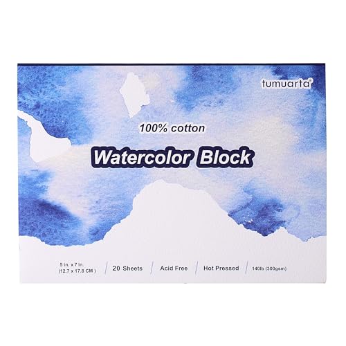 tumuarta Watercolor Paper Block 100% Cotton,140 LB, 300 GSM, Hot Press, 20 Sheets, 5"x7", Acid Free, Watercolor Pad Mixed Media Sketchbooks for Watercolors, Acrylic, Gouache, or Printmaking - size: 5"x7" Hot Press