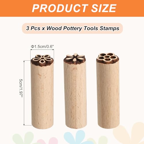 HARFINGTON 3pcs Wood Pottery Tools Stamps 0.6" Dia 2" Length Wooden Natural Clay Pottery Stamps Set 3 Floral Pattern for Cookie Cake Dessert - style: 3 Floral Pattern