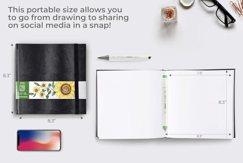 Ohuhu 8.3"x8.3" Marker Paper Pad Art Sketchbook for Drawing and Sketching | Square Sketch Book - 120 LB/200 GSM Smooth Drawing Paper - 78 Sheets/156 Pages - PU Hardcover Sketch Pad for Alcohol Markers - size: 8.3" x 8.3 "
