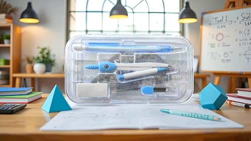 9-Piece Set Back-to-School Kit, Maths Set Pastl Blue | Stationery Set, Compass, Mechanical Pencil, Pencil Leads, Geometry Sets, Ruler, Eraser in a Re-usable plastic box - color: Blue