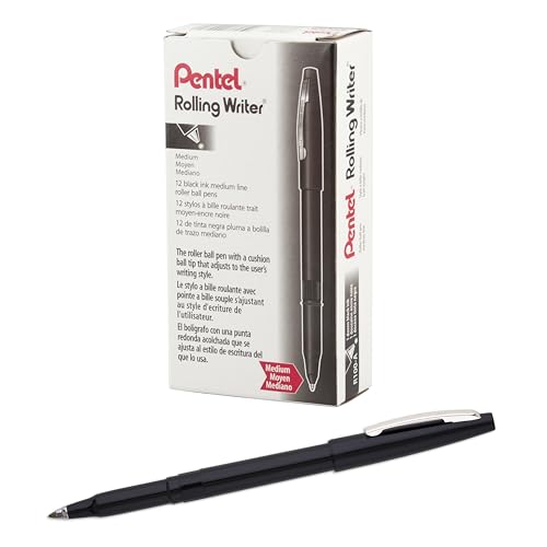 Pentel Rolling Writer Pen, 0.8 Millimeter Cushion Ball Tip, Black Ink, Box of 12 (R100-A) - color: Black, size: 12 Count (Pack of 1)