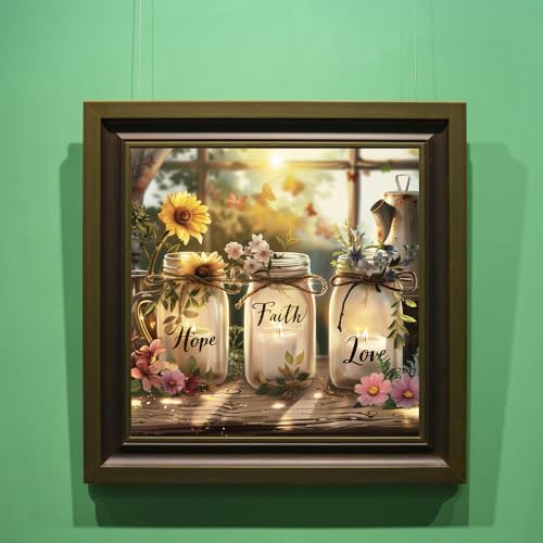 Faith Hope Love Mason Jar Diamond Painting Kits for Adults, Rustic Sunflower Flowers 5D Full Round Drill DIY Diamond Art Kits for Beginners, Gem Art and Crafts Home Wall Decor 14x14 Inch - color: FYZZ-105