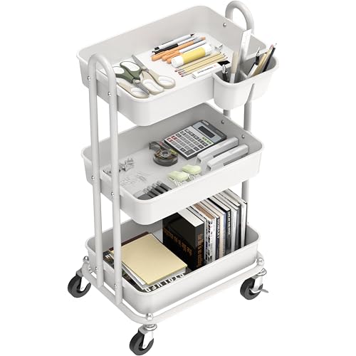 Simple Houseware 3-Tier Rolling Utility Cart with Hanging Bucket, White - color: White, size: 3-Tier