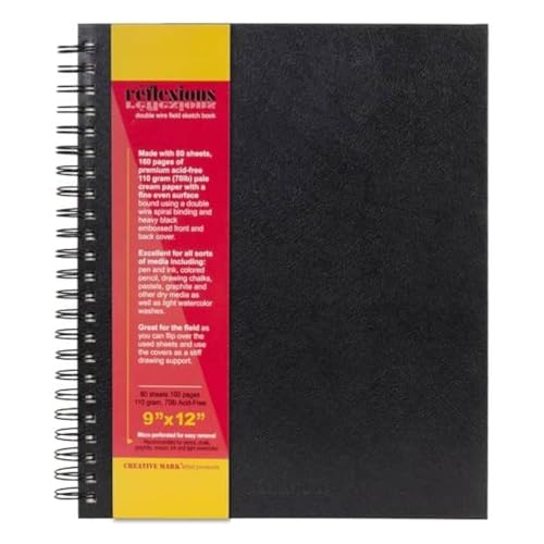 Creative Mark Double Wire Spiral Bound Field Sketch Book [160 Pages - 9 x 12], Black Embossed Leatherette Journal, Light Cream Acid-Free Paper, Perfect for Dry Media and Drawing - size: 9 x 12" - Single