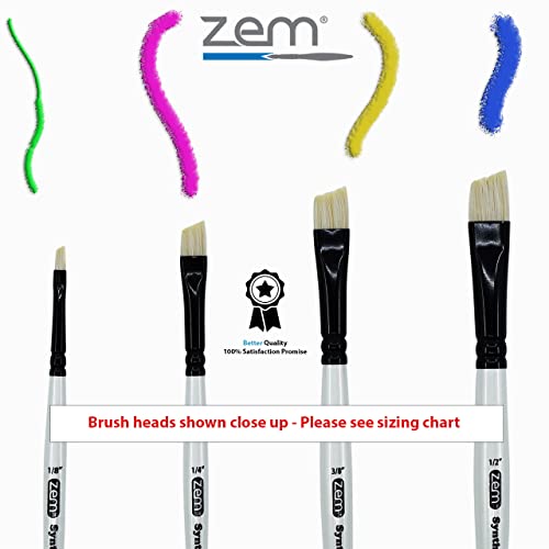 ZEM Brush White Hog Bristle Synthetic Angle Artist Brush Set 4 pcs 1/8" 1/4" 3/8" 1/2" | Acrylic and Oil