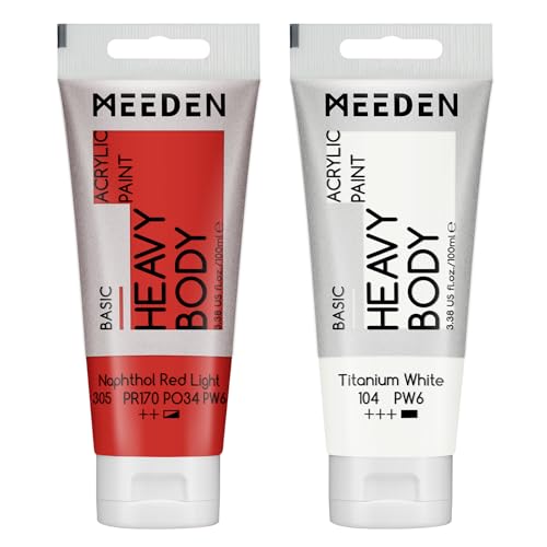 MEEDEN Acrylic Paint Naphthol Red Light: 100ml/3.38oz with Titanium White | Heavy Body Artist Acrylic Paint Set for Canvas, Wood & Craft, Non-toxic Creamy Art Paint with Titanium White for Mixing - color: Naphthol Red Light, size: 2 Tubes