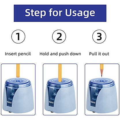 Eagle Electric Pencil Sharpener, Battery Powered, Large Shaving Holders, Carbon Steel Blades, Portable, Reusable and Replaceable Blade, Suitable for Kids, Home, School and Office use (Blue) - color: Blue
