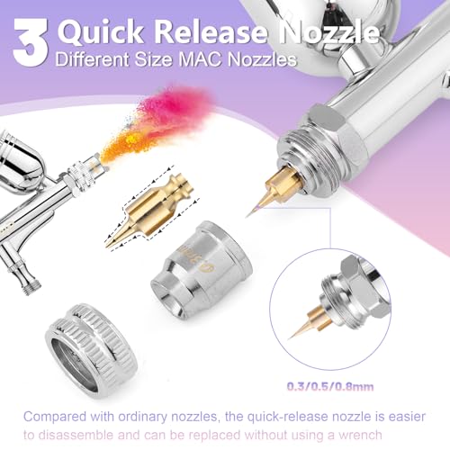 Gyfent Dual-Mode Airbrush Gun Kit with 3 Quick-Release Nozzle Sets | 0.3/0.5/0.8mm, Dual-Action Gravity Feed Air Brush with 1/4oz Fluid Cup & 20/40ml Resin Cup for Nail Art Painting Makeup Cake - size: Dual-Mode