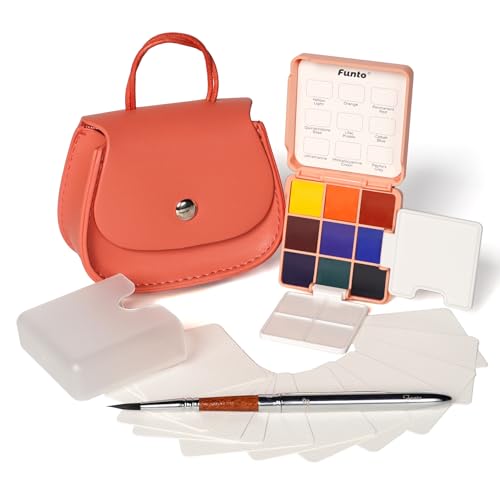 Funto Mini Watercolor Set Travel Kit with 9 Colors, Leather Bag & Watercolor Paper, Portable Drawing & Painting Supplies for Beginners, Art Gift Set - style: Peach