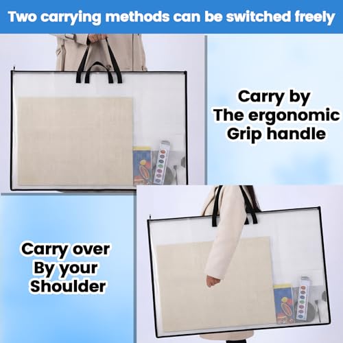 Shinylin 24x36 Inch Artwork Storage Organizer Large Poster Storage for Diamond Painting Cardboard Portfolio Collection Bag with Zipper and Two Handles Transparent Waterproof for Art Work Scrapbook
