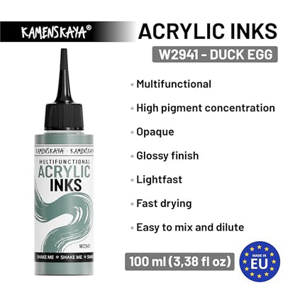 Kamenskaya Acrylic Inks for Artists - 'Duck Egg' Acrylic Ink, 3.38 Fl Oz (100 ml) | Highly Concentrated, Multifunctional Liquid Acrylic Paint - color: Duck Egg