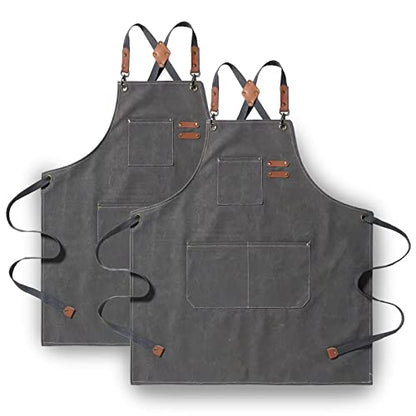 Tosewever 2 Pack Canvas Cross Back Chef Apron for Men Women with Pockets, Cotton Tool Aprons for Cooking Kitchen BBQ Artist - color: Grey