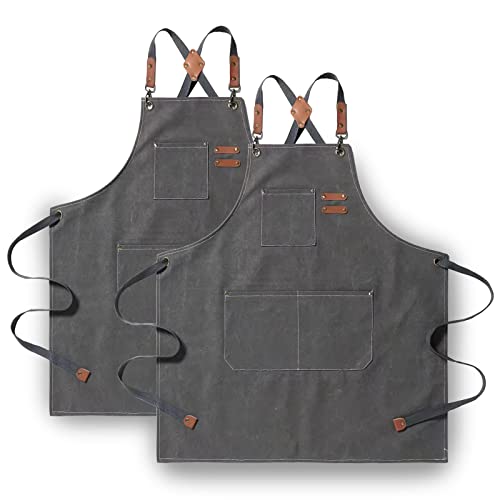 Tosewever 2 Pack Canvas Cross Back Chef Apron for Men Women with Pockets, Cotton Tool Aprons for Cooking Kitchen BBQ Artist - color: Grey