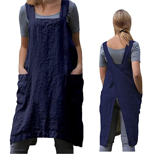 ZQFFB Pinafore Cross Back Apron for Women with Pockets | Japanese Style Kitchen Apron with Convenient Front Pockets, Smock for Cooking, Gardening, Pottery and Painting - color: Blue, size: X-Large