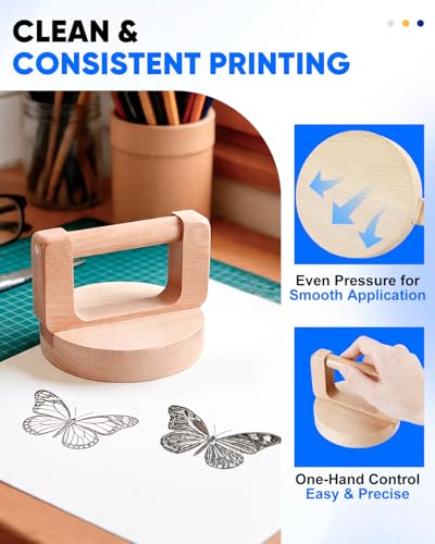 UCEC 1+1 Pcs Block Printing Baren, Wood Baren Printmaking Tool for Printing | 4 Inch Wood Baren Printmaking Tool Supplie with Ergonomic Handle and Felt Base for Printing, Crafting, Scrapbooking, Linocut - color: 2pcs(Baren + Cleaning Cloth)