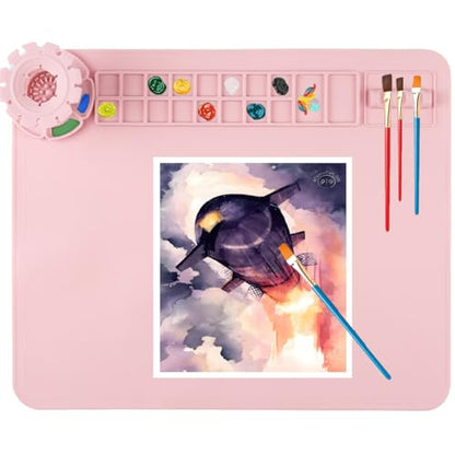 Silicone Craft Mat,20"x 16" Painting mat Palette for Resin Casting Mold Mat, Nonstick Craft Sheet with Removable Cleaning Water Cup for Painting, Clay, Art, DIY Projects (Pink) - color: Pink