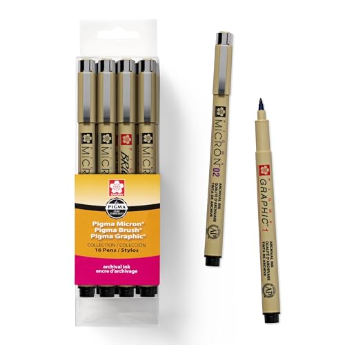 SAKURA Pigma Micron Fineline Ass't Point Sizes, Archival All Black Ink, 16 PK 50077 | Archival Black Ink Pens for Writing, Drawing, or Journaling, Precise Points and Lines, Smooth Skip-Free Writing