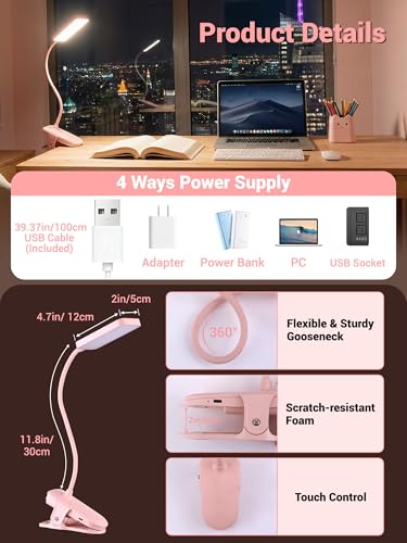 Pink Desk Lamp for Dorm Lamp, 9 Brightness+5 Color Clip on Light, Cute Lamp - color: Pink