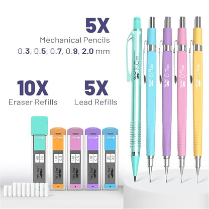 Mr. Pen- Pastel Mechanical Pencil Set, 5 Mechanical Pencils (0.3, 0.5, 0.7 | 0.9, 2.0mm), 5 HB Lead Refills & 10 Eraser Refills, Precision Drawing Pencils for Sketching, Writing & Artwork - color: Pastel
