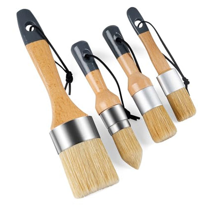 Mister Rui Chalk Wax Paint Brush 4 pcs, Large Wax Brush for Furniture | Natural Bristles Stencil Paint Brushes for All in One Paint, Acrylic Paint, Cabinets for Home Decor, Art Crafts, No Shedding - size: 4PCS, 1 Medium, 3 Small